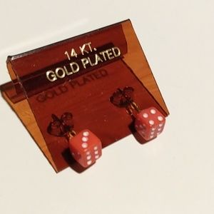 14kt gold plated red dice earrings
